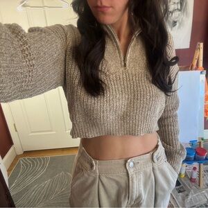 Beige Cropped Knit Sweater